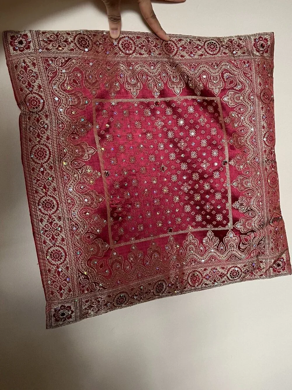 Red Beaded Throw Pillows Set of 2 Mughal Embroidered Boho Indian Bollywood Decor